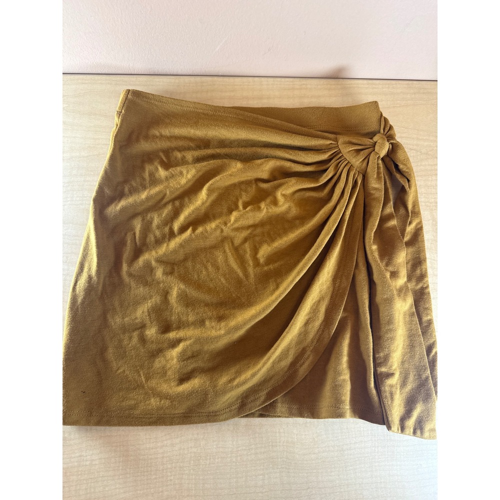 Forever 21 Mustard Yellow Faux Wrap Mini Skirt Side Knot Ruched Knit Small